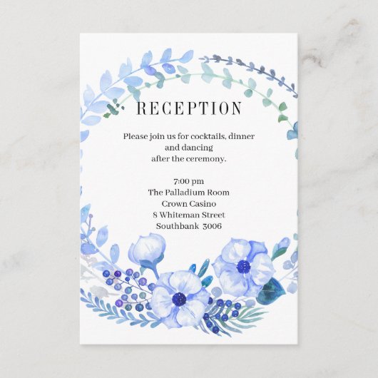 Boho Blue Floral Wedding Reception Enclosure Card Begleitkarte (Vorderseite)