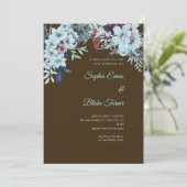 Boho Blue Floral Winter Mocha Brown Wedding Einladung (Stehend Vorderseite)