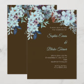 Boho Blue Floral Winter Mocha Brown Wedding Einladung (Vorne/Hinten)