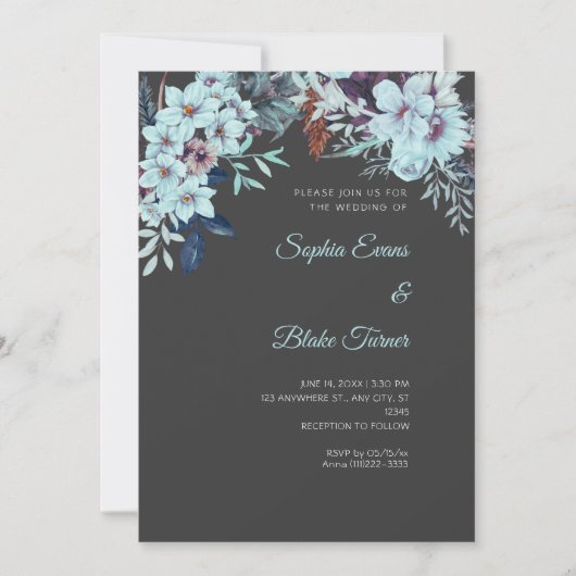 Boho Blue Floral Winter Shadow Gray Wedding Einladung (Vorderseite)