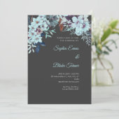 Boho Blue Floral Winter Shadow Gray Wedding Einladung (Stehend Vorderseite)