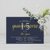 Boho Blue Flowers Getrocknete Blätter Quinceanera Folieneinladung (Stehend vorne)