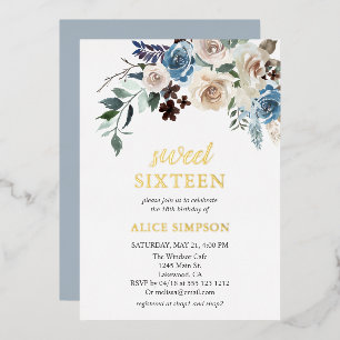 Boho Blue Flowers Getrocknete Blätter Sweet 16 Foi Folieneinladung