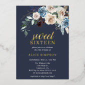 Boho Blue Flowers Getrocknete Blätter Sweet 16 Folieneinladung (Vorderseite)