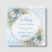 Boho Blue Flowers Greenery Gold Guest Book Gästebuch (Vorderseite)