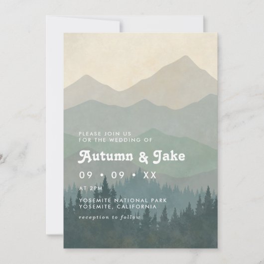 Boho Blue Forest Berge Retro-Hochzeit Einladung (Vorderseite)