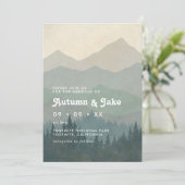Boho Blue Forest Berge Retro-Hochzeit Einladung (Stehend Vorderseite)