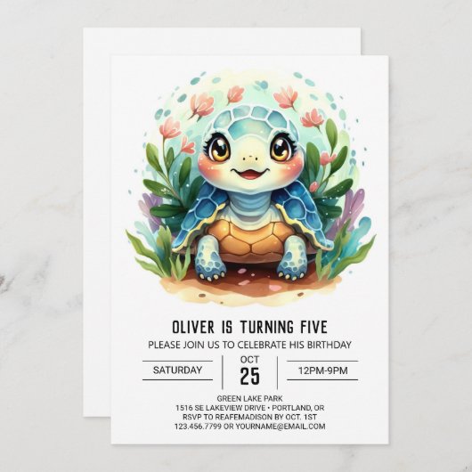 Boho Blue Fun Turtle Boy Birthday Einladung (Vorne/Hinten)