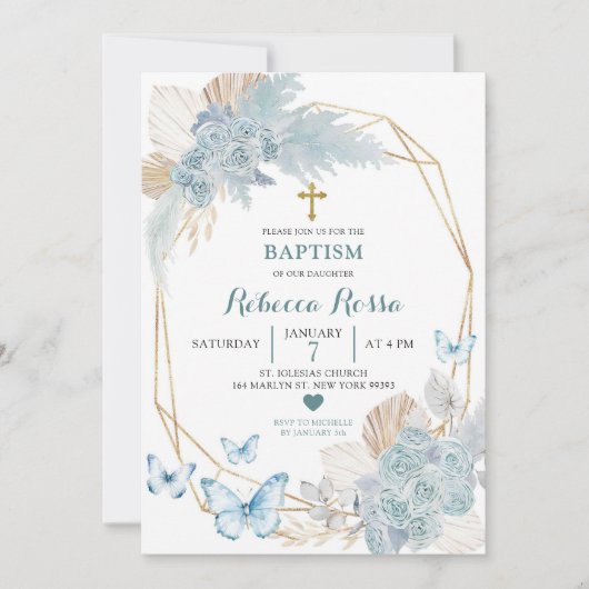 Boho Blue Gold Floral Butterfly Geometric Baptisse Einladung (Vorderseite)