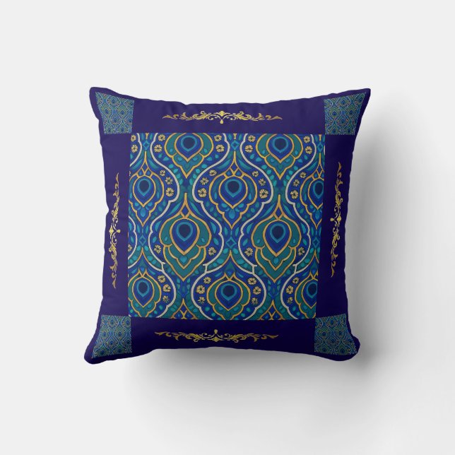 Boho Blue & Gold Throw Kissen - Kunst von Mina (Rückseite)