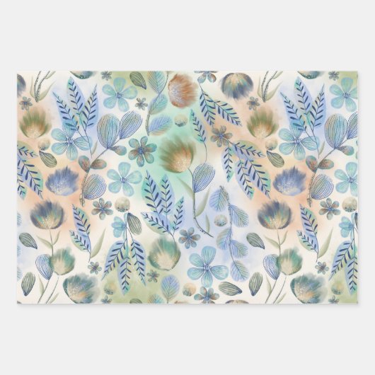 Boho Blue Green Whimsical Floral Botanical Geschenkpapier Set (Vorderseite)