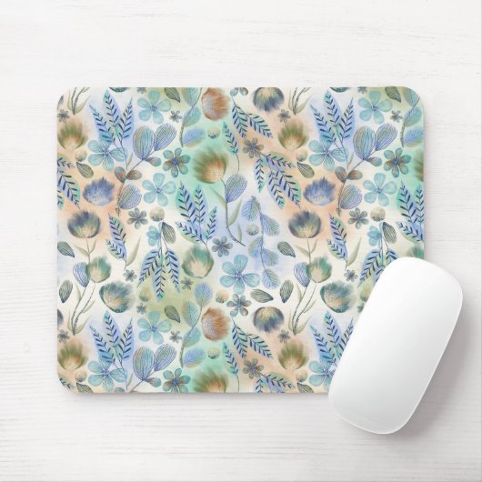 Boho Blue Green Whimsical Floral Botanical Mousepad (Mit Mouse)