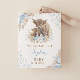 Boho Blue Highland Cow Baby Boy Dusche Willkommen Poster