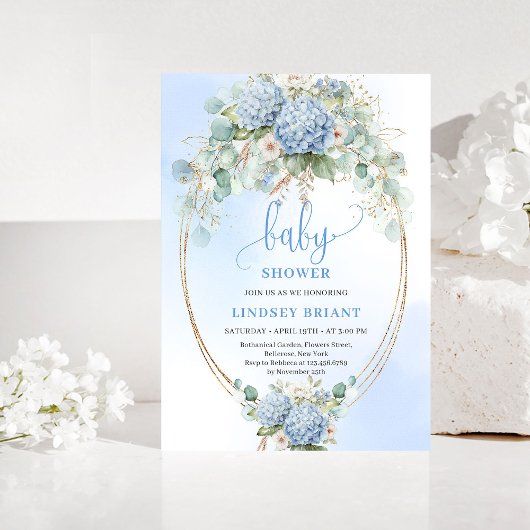 Boho Blue Hydrangea Baby Shower Gold Invitation Einladung