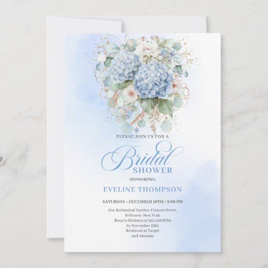 Boho Blue Hydrangea Bridal Shower Gold Invitation Einladung (Vorderseite)
