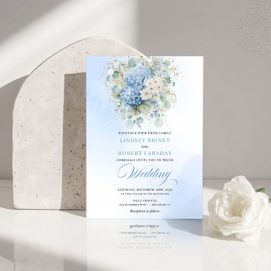 Boho Blue Hydrangea Gold Floral Wedding Invitation Einladung