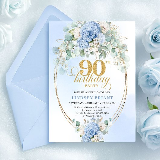 Boho Blue Hydrangea Greenery 90th Birthday Invite Einladung