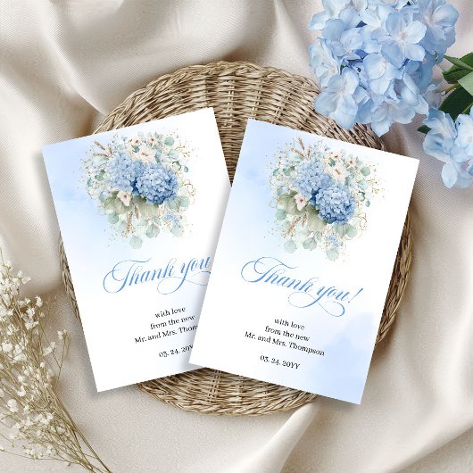 Boho Blue Hydrangeas Eucalyptus Wedding thank you Dankeskarte
