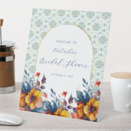 Boho Blue Italian Tiles Floral Begrüßungszeichen Sockelschild