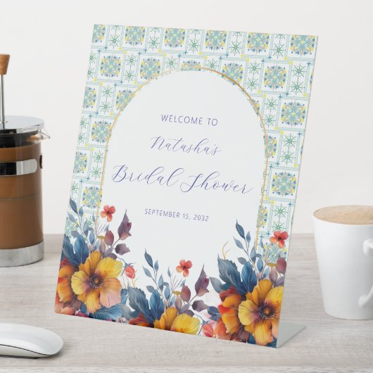 Boho Blue Italian Tiles Floral Begrüßungszeichen Sockelschild (In Situ)