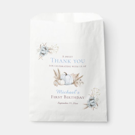 Boho Blue Kürbis 1. Geburtstag Danke Geschenktütchen (Vorderseite)