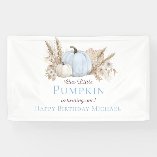 Boho Blue Kürbis 1. Geburtstagsbegrüßung Banner (Horizontal)