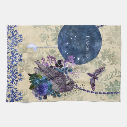 Boho Blue Lila Owl Moon Geschirrtuch (Horizontal)
