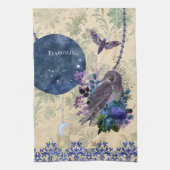 Boho Blue Lila Owl Moon Geschirrtuch (Vertikal)