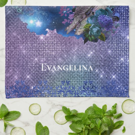 Boho Blue Lila Owl Moon Geschirrtuch (Gefaltet)