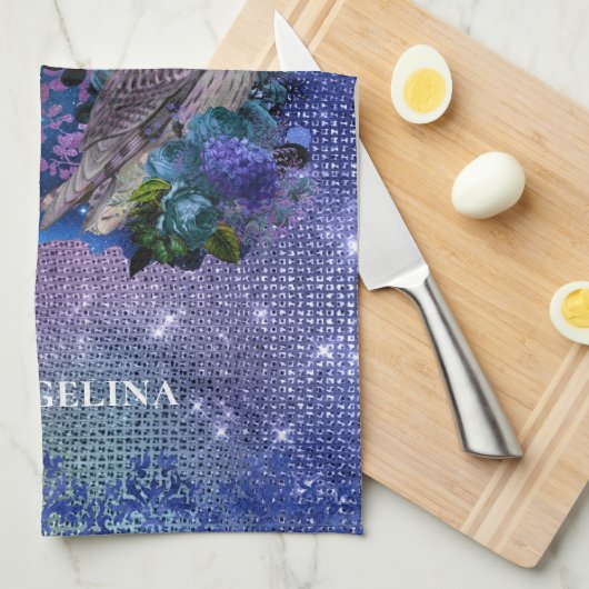 Boho Blue Lila Owl Moon Geschirrtuch (Viertel Falte)