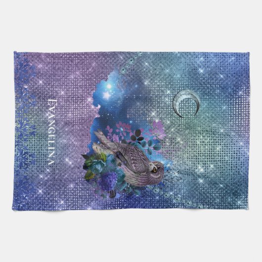 Boho Blue Lila Owl Moon Geschirrtuch (Horizontal)