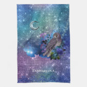 Boho Blue Lila Owl Moon Geschirrtuch (Vertikal)