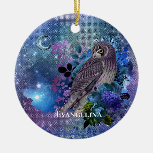 Boho Blue Lila Owl Moon Keramik Ornament (Vorne)