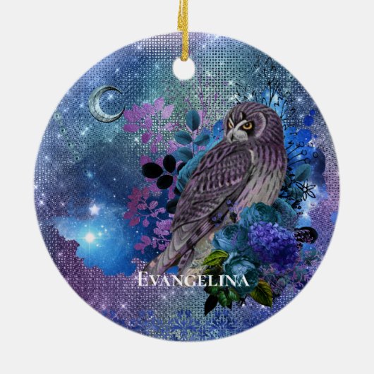 Boho Blue Lila Owl Moon Keramik Ornament (Hinten)