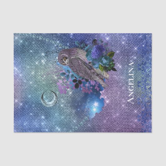 Boho Blue Lila Owl Moon Seidenpapier (Vorderseite)
