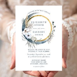 Boho Blue Moon Floral Wreath Wedding Einladung