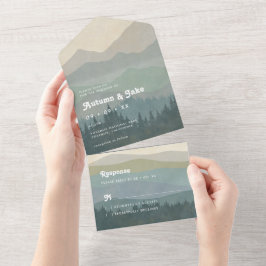 Boho Blue Mountains & Forest Wedding Retro  All In One Einladung