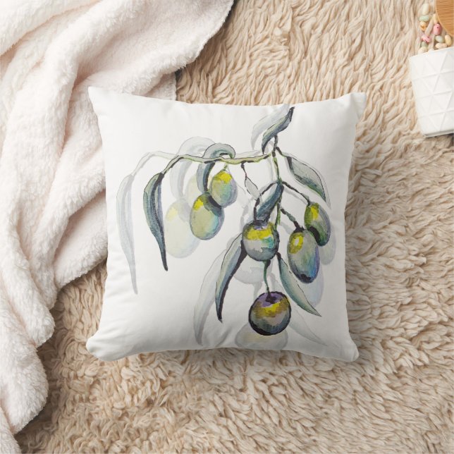 Boho Blue Olive Branch Watercolor Handgemalt Kissen (Decke)