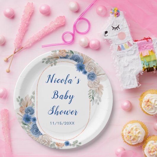 Boho Blue Pampas Grass Baby Dusche Pappteller (Party)