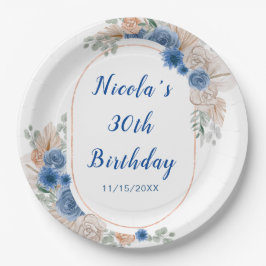Boho Blue Pampas Grass Birthday Pappteller