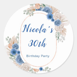 Boho Blue Pampas Grass Birthday Runder Aufkleber