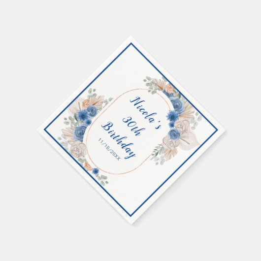 Boho Blue Pampas Grass Birthday Serviette (Ecke)