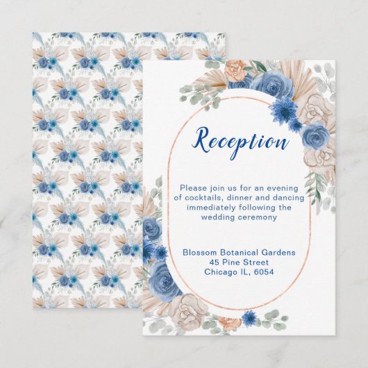 Boho Blue Pampas Grass Hochzeitsempfang Begleitkarte (Vorne/Hinten)