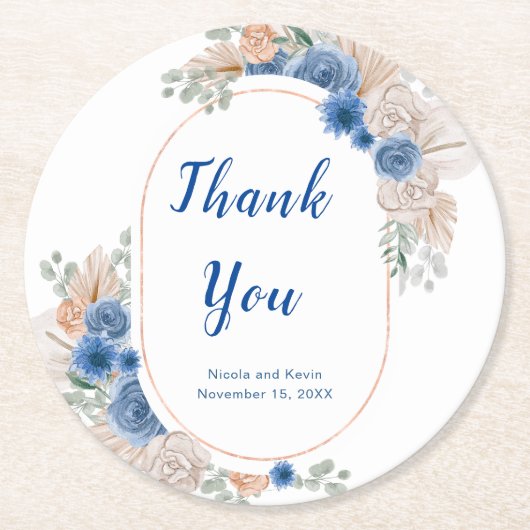 Boho Blue Pampas Grass Runder Pappuntersetzer (Vorderseite)