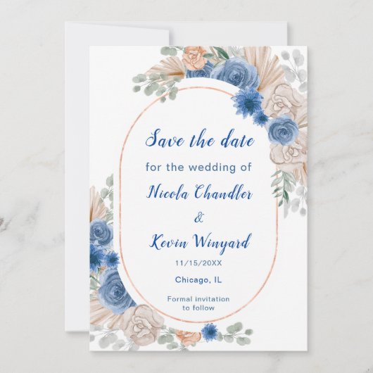 Boho Blue Pampas Grass Save the Date (Vorderseite)