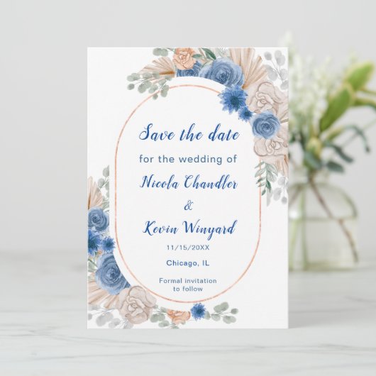 Boho Blue Pampas Grass Save the Date (Stehend Vorderseite)