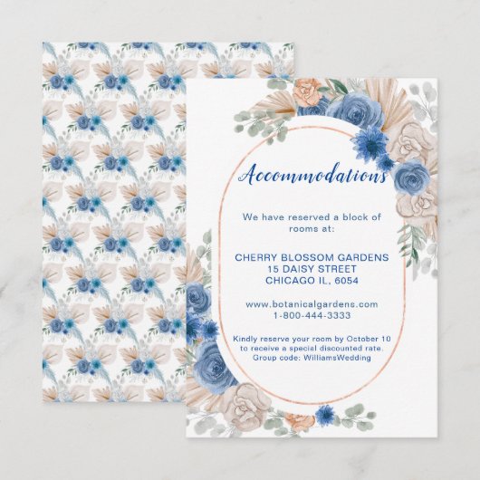 Boho Blue Pampas Grass Wedding Accommodation Card Begleitkarte (Vorne/Hinten)