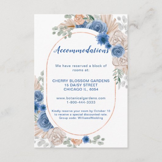 Boho Blue Pampas Grass Wedding Accommodation Card Begleitkarte (Vorderseite)