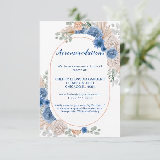Boho Blue Pampas Grass Wedding Accommodation Card Begleitkarte (Stehend Vorderseite)
