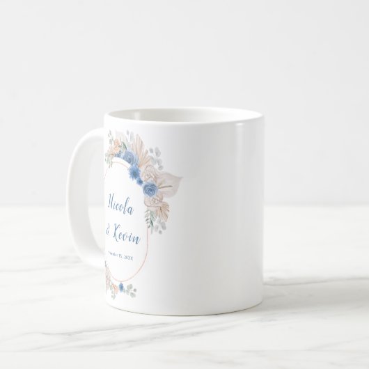 Boho Blue Pampas Grass Wedding Kaffeetasse (Vorderseite Links)